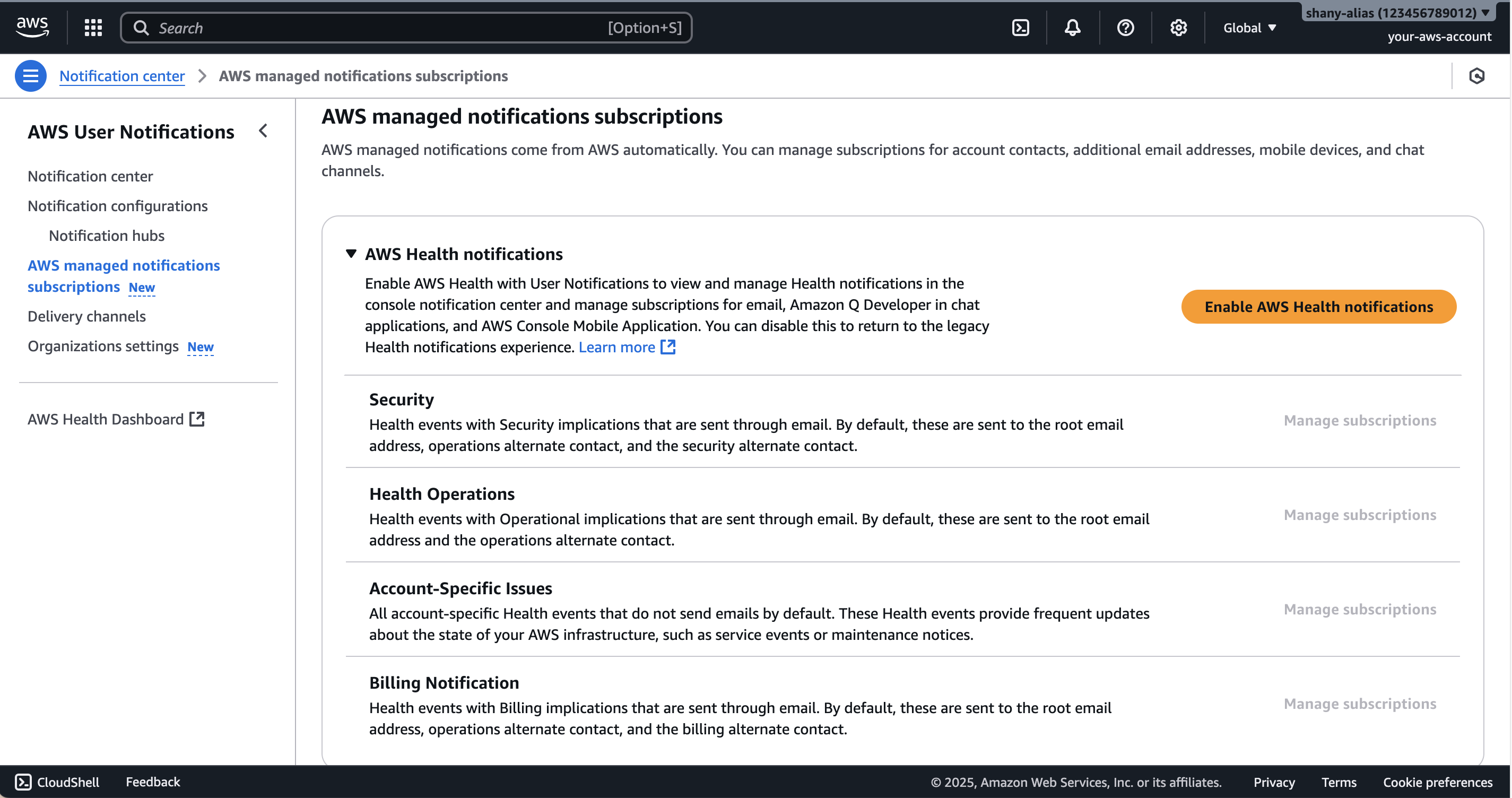 AWS managed notifications subscriptions showing 4 categories of managed notifications - Security, Health operations, Account-specific issues and Billing notifications.